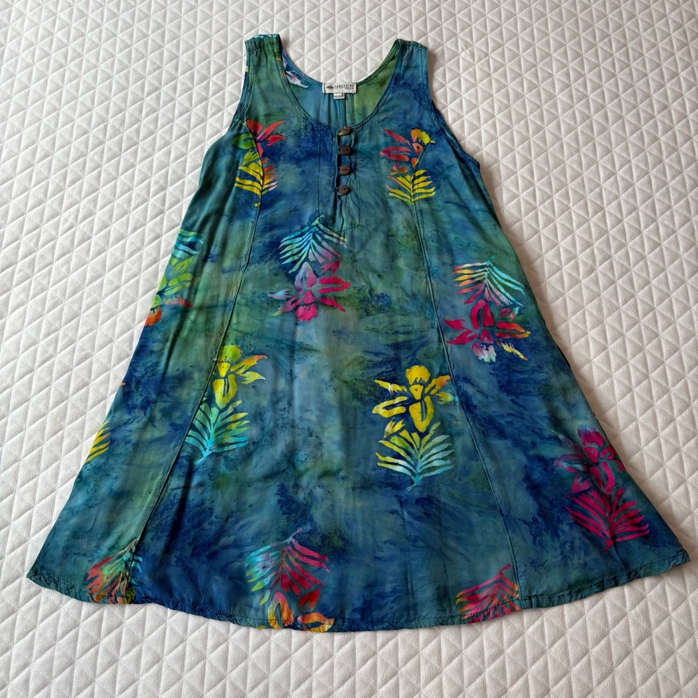 Tangerine Temple L Blue Flower Print Sleeveless Caftan Dress Rayon Boho Resort